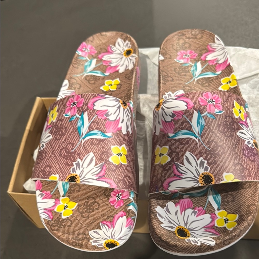 Floral Slide Sandals - Brown and Pink